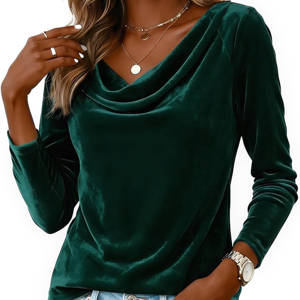 Velvet Drape Neck Blouse - Emerald Green